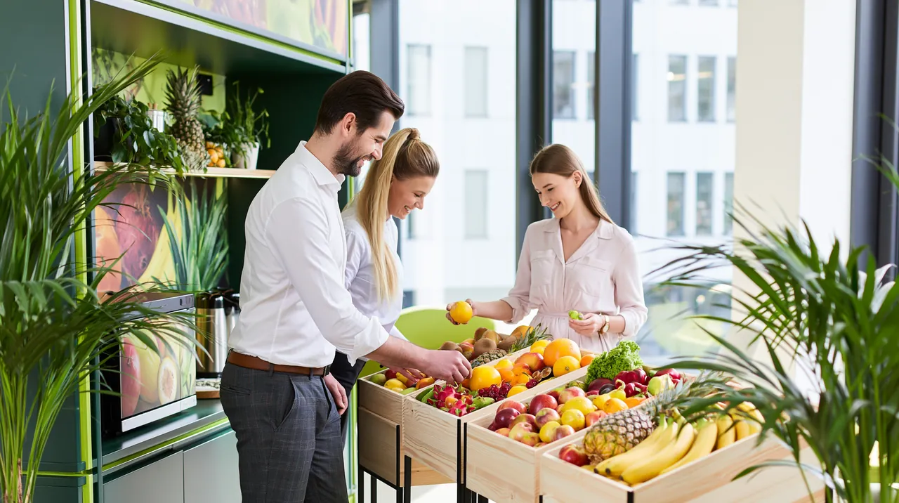 Team rund um eine Obstkiste im Büro