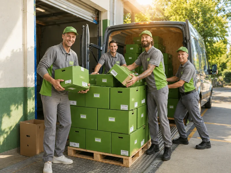 Daily Fruits Team lädt Obstkisten an der Laderampe aus